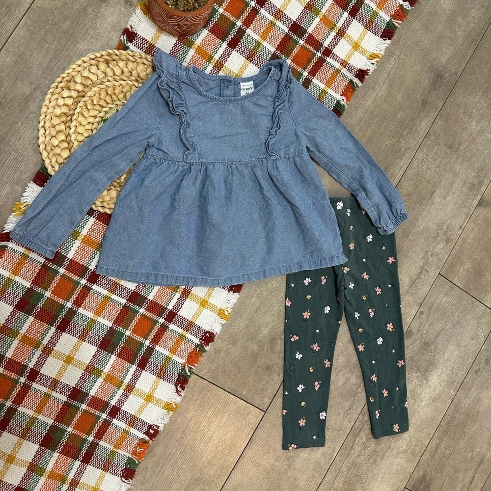 Carter’s 2T Toddler Girl Chambray Blouse & Floral Leggings Outfit Set - Picture 8 of 13